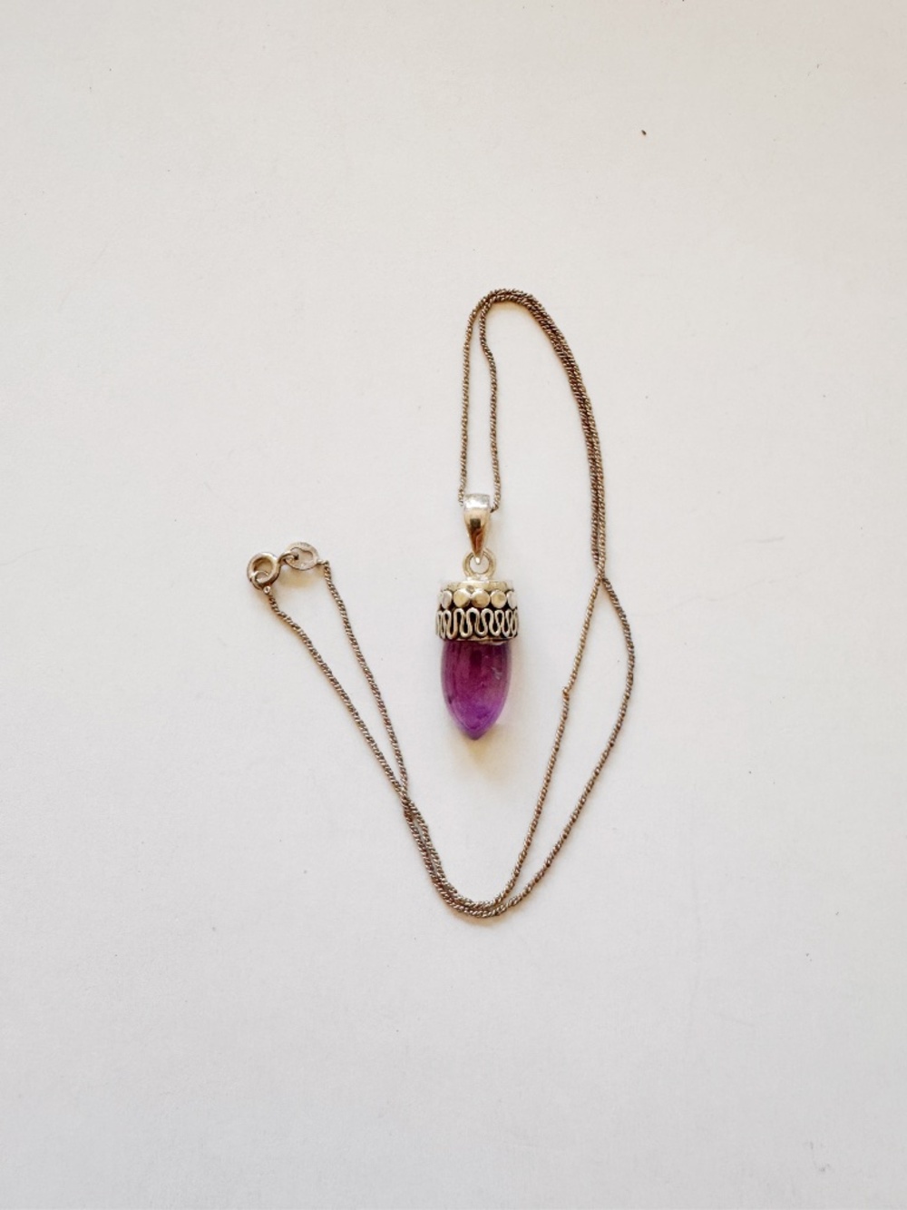 925 Sterling Silver Purple Amethyst Drop Cone Pendant Chain Necklace 16 In 6.3g
